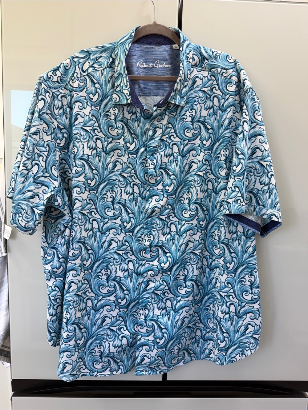 Robert Graham Teal and White Scroll-Pattern Short-Sleeve Shirt